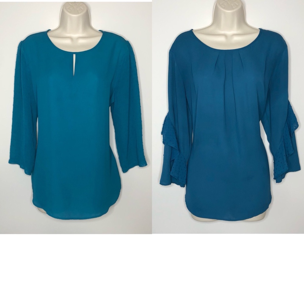 Van Heusen 2 Blue Spring Summer Shirt Blouse Top Ruffle Eyelet Sheer Lace Large